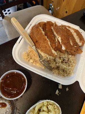 Chicken Katsu with their pasta salad and spam fried rice