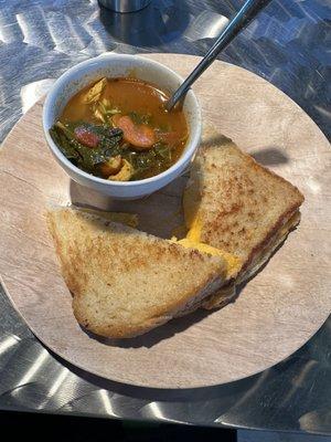 Chicken, veggie and barley soup with a classic grilled cheese.