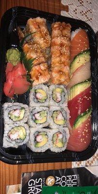 Rainbow roll, lobster roll, California roll. Amazing!