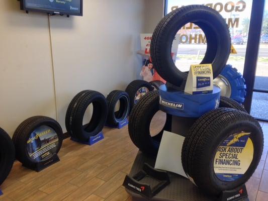 Tire selection from all major brands (Goodyear, Kumho, Firestone, Bridgestone, Michelin, and more)