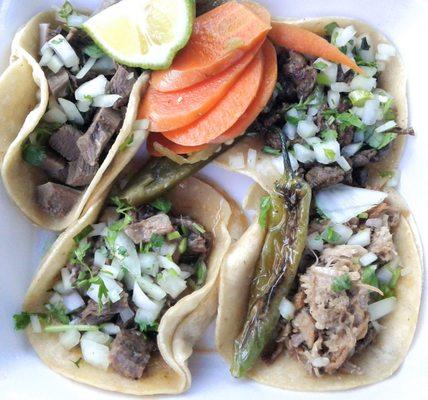 Lengua, barbacoa, carnitas and asada tacos. Below average.