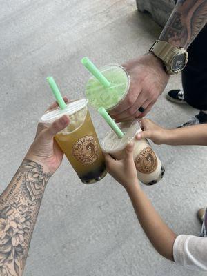 kumquat lemon tea, banana smoothie & honeydew milktea