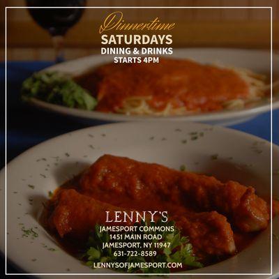 Dinnertime Saturdays at Lenny's. Dining Room Specials, New Menu Items, Prix Fixe Menu, Brick-Oven & Wood-Fire Pizza, Full Service Bar.