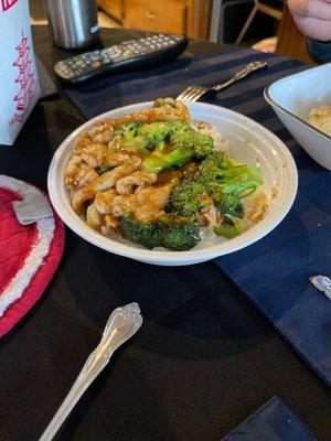 "Small" chicken & broccoli atop white rice. Still plenty for two people to share.