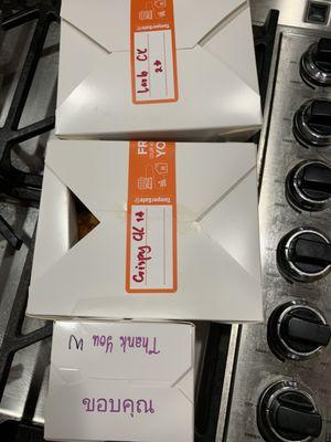 Each take out order is labeled