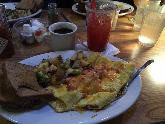 ham n cheese omelette. o brien taters, toast, bloody