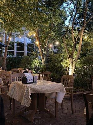 Patio seating at night