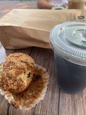 Banana chocolate muffin and pea flower hibiscus iced tea