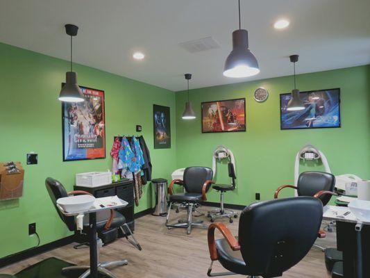 We chose a movie theme all throughout the salon to create a family oriented environment