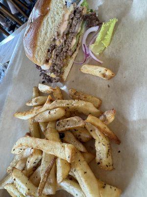 "The burger" with bacon and fries.