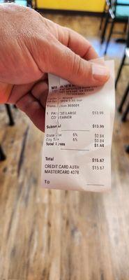 The receipt shows what was charged