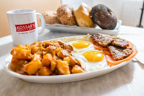 Kossars Breakfast Platter with coffee