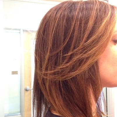 Base color with highlights and a toner. Of course a fresh blow dry. Caramel and honey.