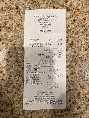 Photo of the receipt from 1/27/2023 9:57pm and the name of the gas station worker Karan!