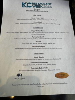 Restaurant week lunch menu