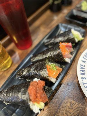 Hand rolls - spicy tuna, salmon, yellow tail, blue crab