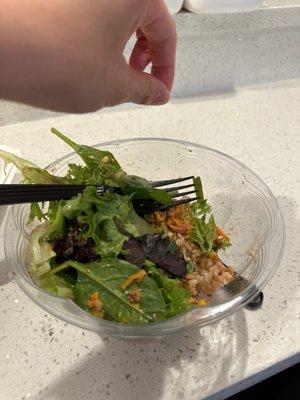 Tuna poke bowl half rice and salad that came with a long strand of HAIR!!