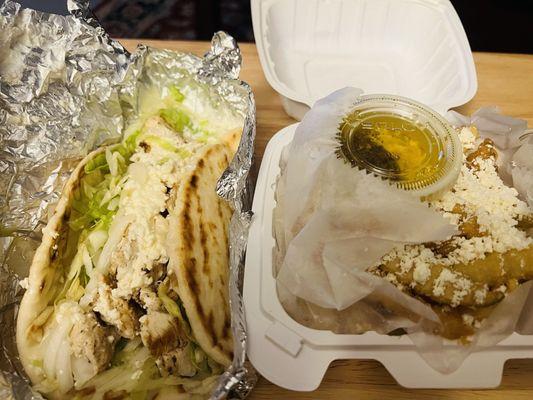 Chicken souvlaki and Greek fries