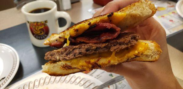 Cross-section of a texas bacon patty melt.