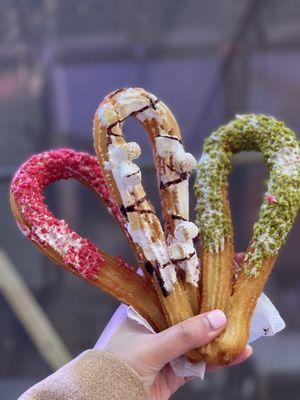 Strawberry, marshmallow and matcha churro