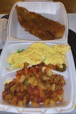 Breakfast Platter: Fried Basa,  Scrambled Eggs "WELL DONE" With Onions, Peppers & HomeFries!