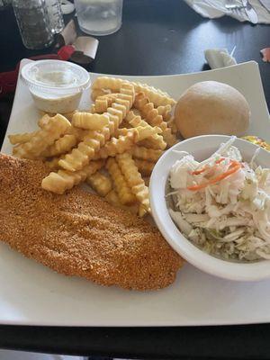 Fried catfish fillet with fries and slaw