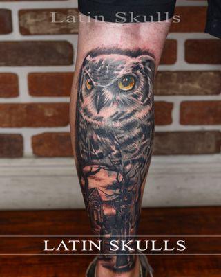 Owl tattoo done at Latin Skulls shop