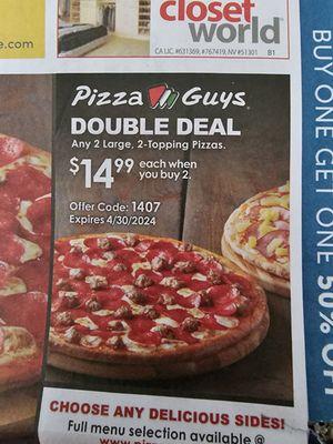 14.99 each for two large two-topping pizzas