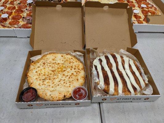 Cheese bread and a cinnamon bread.