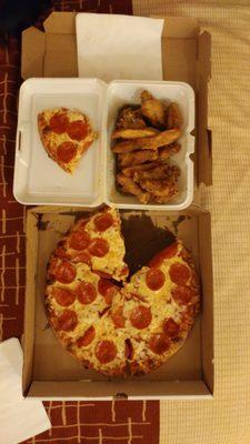 Pepperoni pizza and garlic butter wings