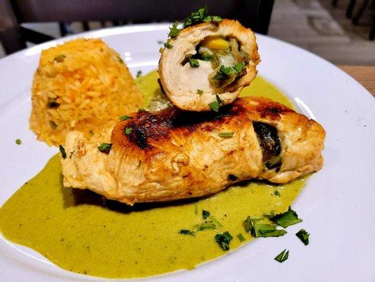 Poblano stuffed chicken breast with creamy poblano sauce