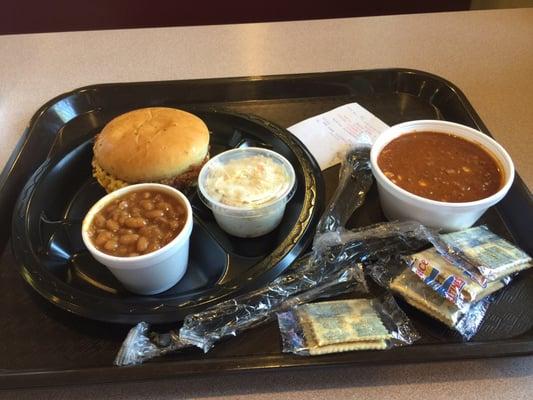 Chipped plate. Baked beans, slaw, and Brunswick Stew.