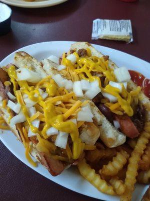 Amazing chili dogs loaded