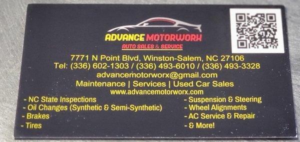 Business Card of Advance Motorworx