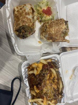 steak burrito. chili cheese fries