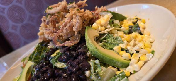 Lettuce, black beans, corn, tomato, cucumber, avocado &  grilled chicken breast w/ bbq sauce & topped w/fried onions