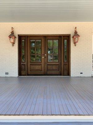 Dark Walnut stain on door. Two coats of satin finish polyurethane