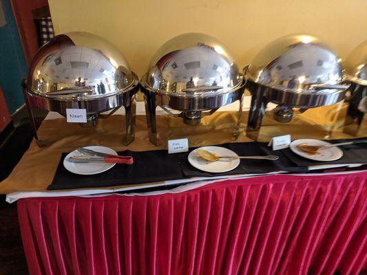 A few entree buffet options including fish korma and butter chicken