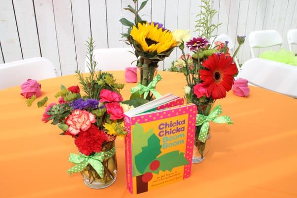 Linens perfectly color matched to our party's theme book: "Chicka Chicka Boom Boom"