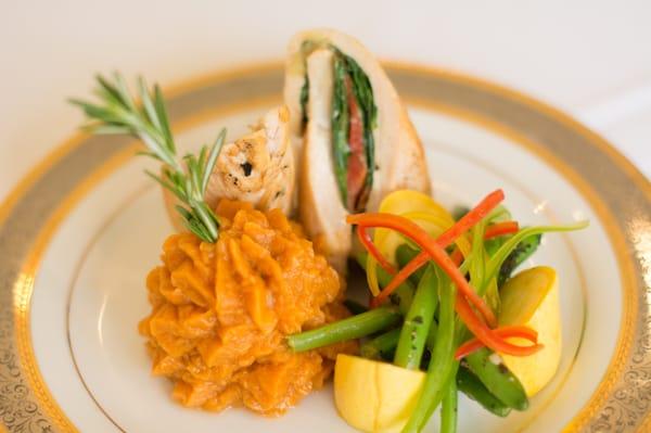 Chicken Breast Stuffed with Mashed Red Peppers and Spinach, Sweet Potato and Vegetable Melange