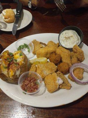 Catfish nuggets with loaded baked potato