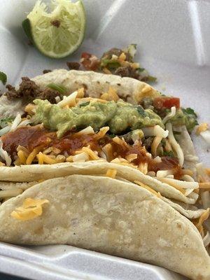 Carne Asada tacos with guacamole/ red salsa!