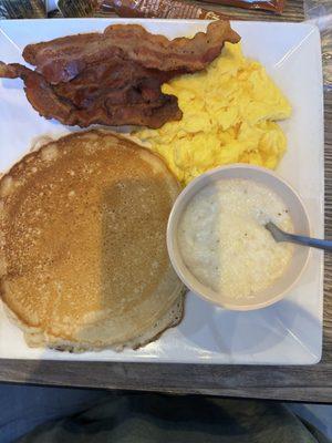 Pancakes, Eggs, Bacon and cheese grits