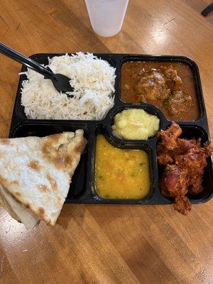 Non veg chicken lunch combo. FYI, can't choose your own dessert. It's this yellow thing in the center.