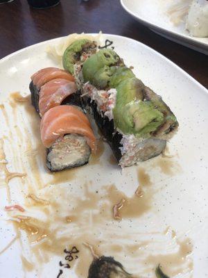 Half of a Philadelphia roll and caterpillar roll