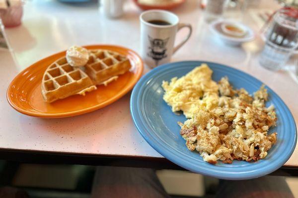 Waffle, hash browns, omelet