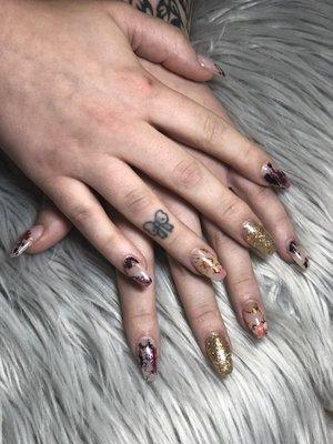 Dip Powder nails with Foiled Flowers technique