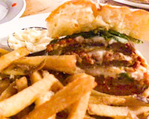 Eggplant Double Stack with Belgian Fries and garlic aioli