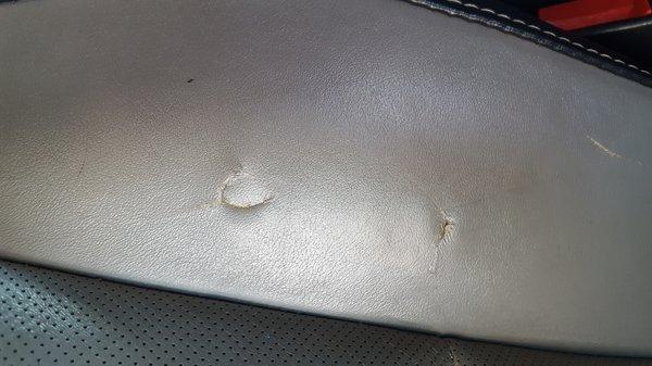 2 holes in my seat. Somebody had something pointy or sharp in their pocket on their right outside thigh.