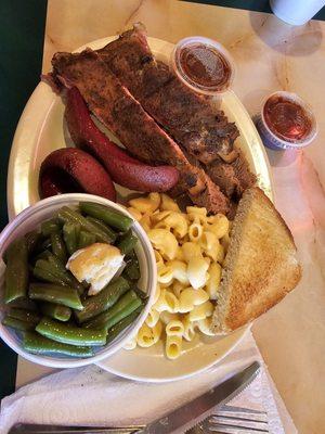 Trio Any 3 Meats Plate (Pork Ribs, Brisket, Hot Links) with Mac & Green Beans